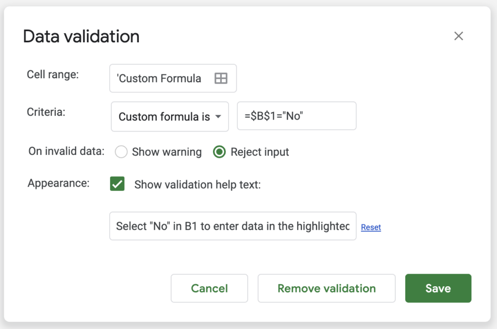 Custom Formula Example For Data Validation In Google Sheets