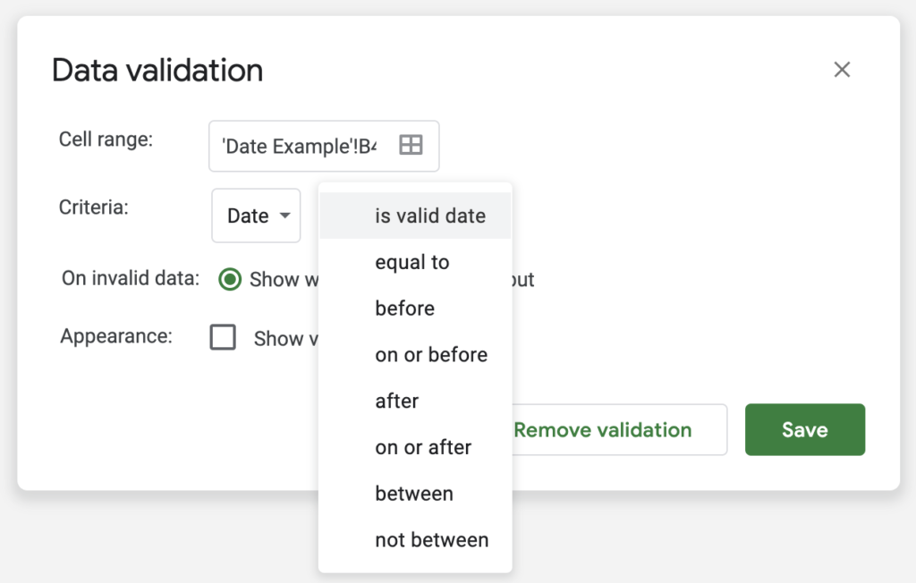 Data Validation Google Sheets Date Criteria