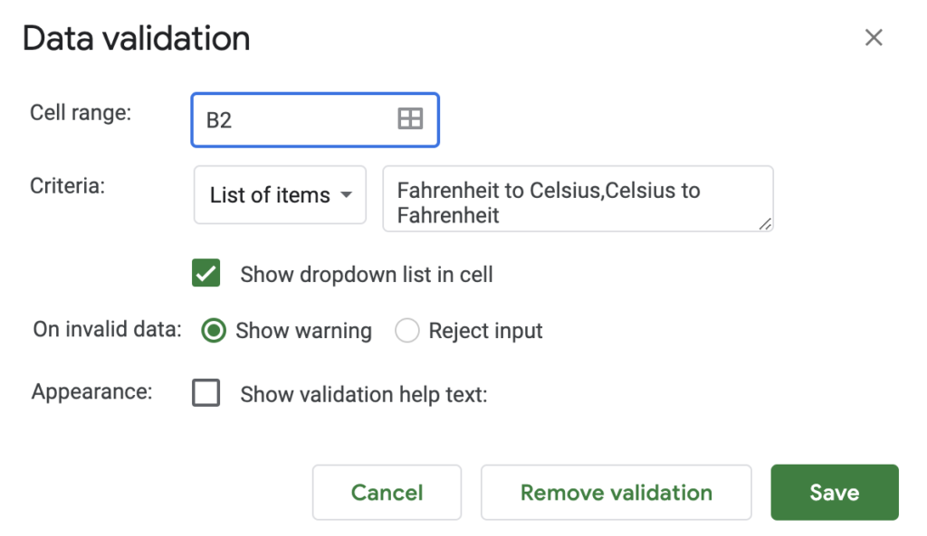 Data Validation Temperature Conversion Fahrenheit to Celsius Google Sheets