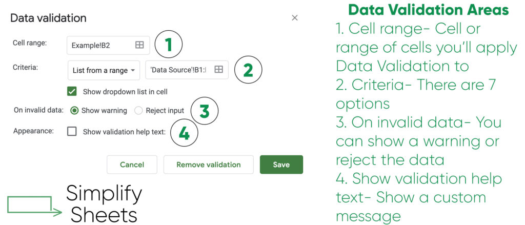 Different areas of data validation within Google Sheets