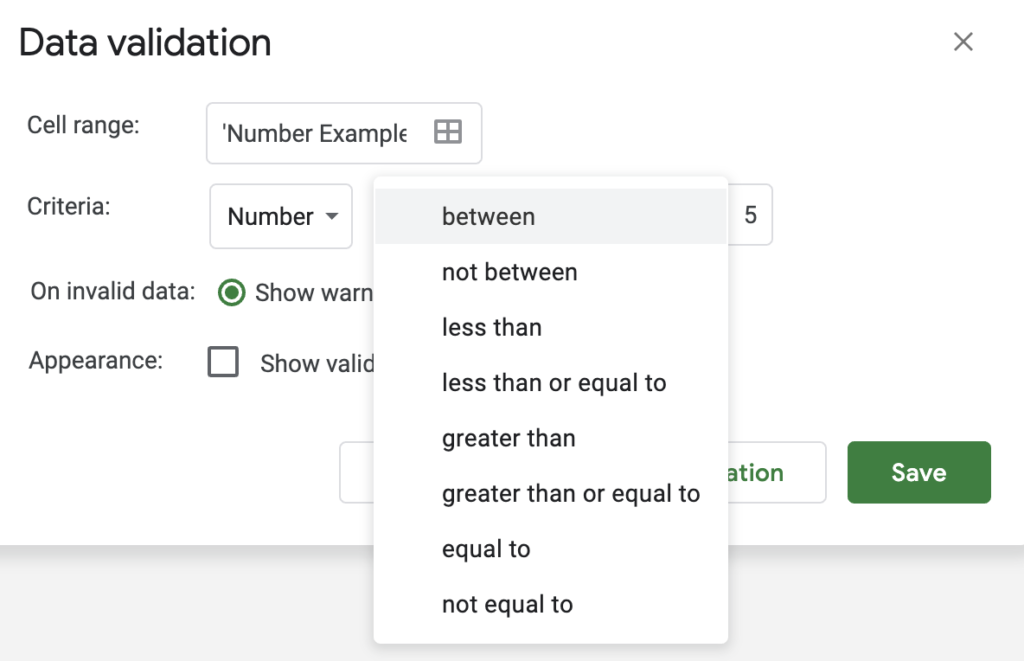 Google Sheets Data Validation Criteria Number Example