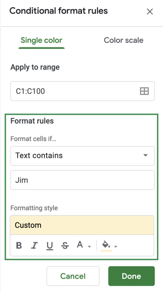 Text Based Conditional Formatting Google Sheets