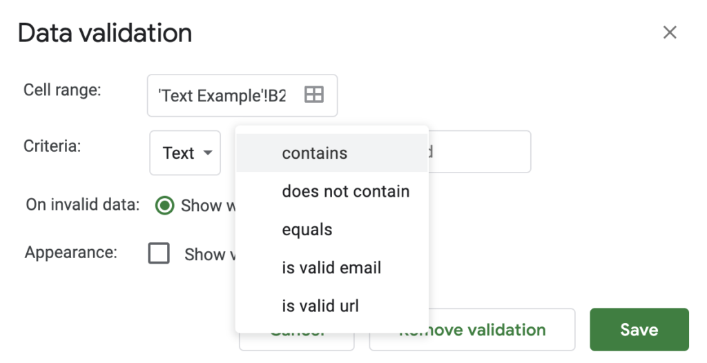 Text Criteria Data Validation Google Sheets