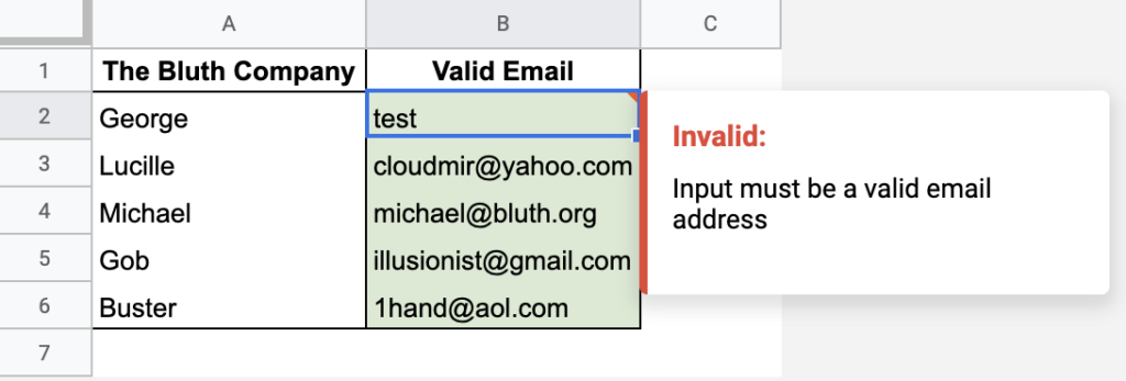 Valid Email Check with Data Validation in Google Sheets
